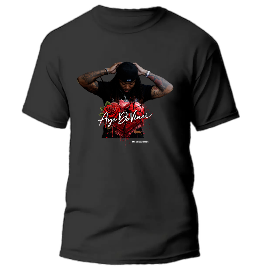 Black t-shirt with graphic design of Aye DaVinci fka AnteezyDaVinci with tattoos and roses, featuring the brand 'Aye Da Vinci'.