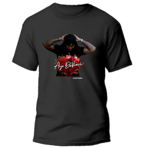 Black t-shirt with graphic design of Aye DaVinci fka AnteezyDaVinci with tattoos and roses, featuring the brand 'Aye Da Vinci'.