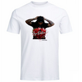White t-shirt with graphic design of Aye DaVinci fka AnteezyDaVinci person and roses on a white background