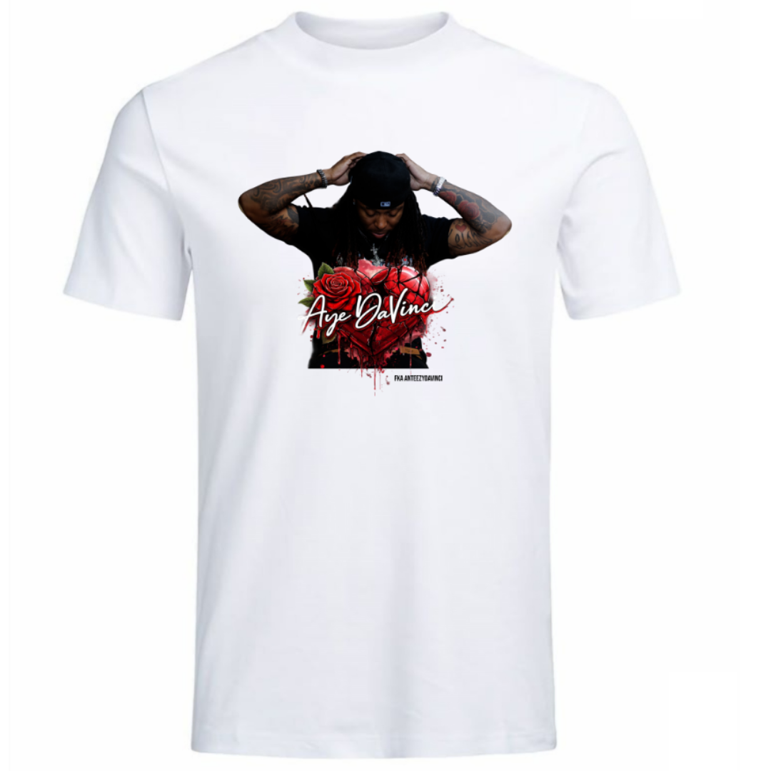 White t-shirt with graphic design of Aye DaVinci fka AnteezyDaVinci person and roses on a white background