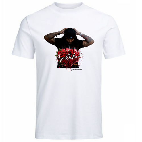 White t-shirt with graphic design of Aye DaVinci fka AnteezyDaVinci person and roses on a white background